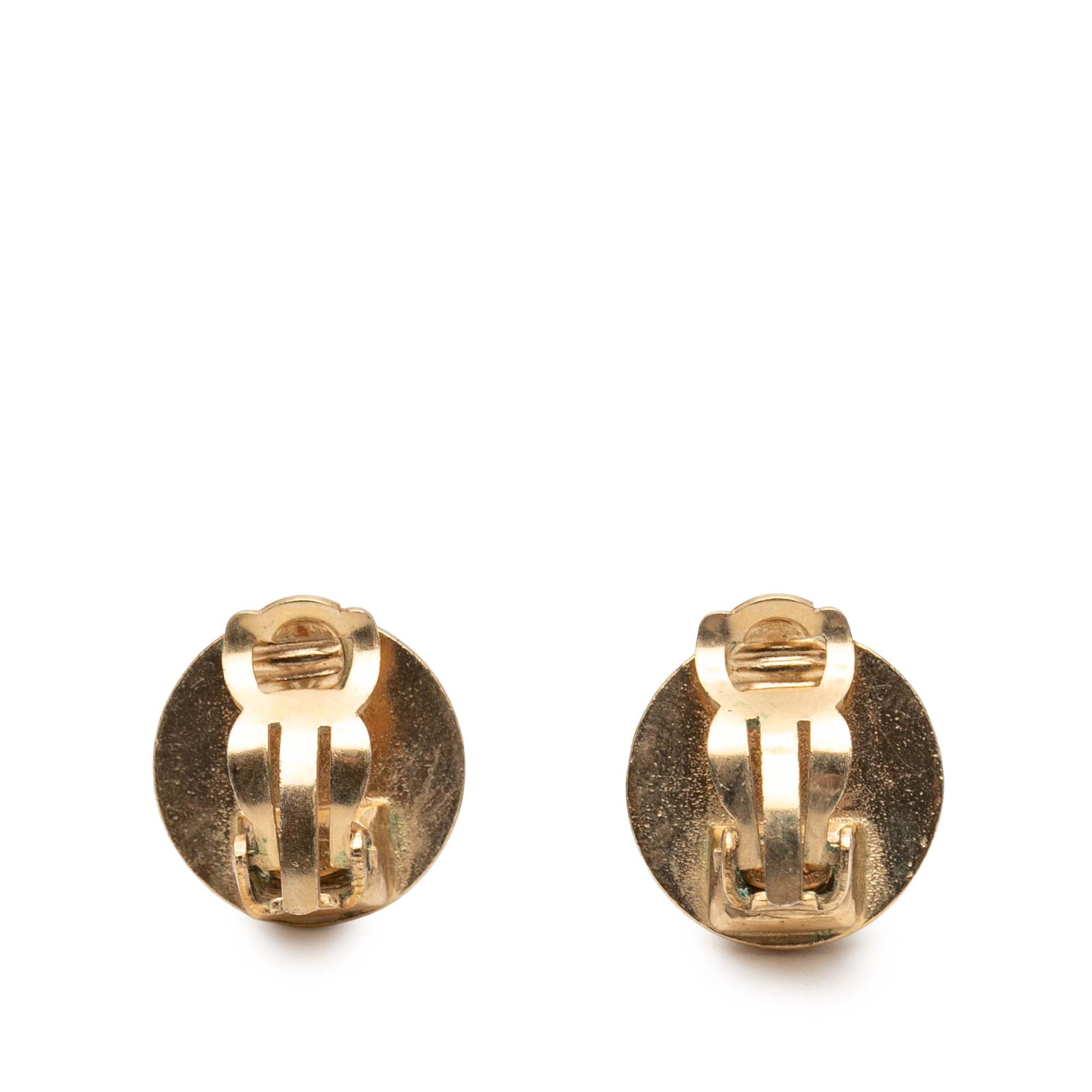 Gold Plated and Enamel CC Round Button Clip On Earrings