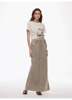 Dune Fantasy Wasteland Style Washed Drawstring Elastic Low Rise Straight Workwear Denim Skirt
