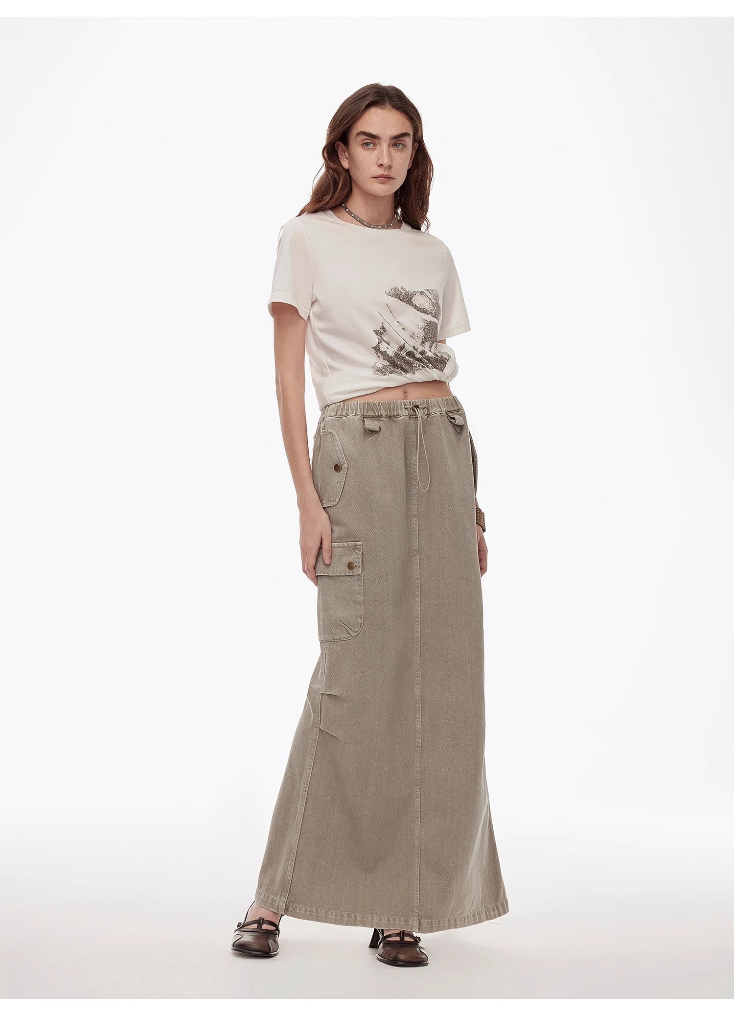 Dune Fantasy Wasteland Style Washed Drawstring Elastic Low Rise Straight Workwear Denim Skirt