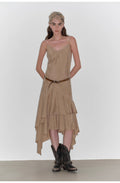 Heart-beating Invitation Lazy copper-ammonia rayon V-neck irregular adjustable mid-length suspender dress