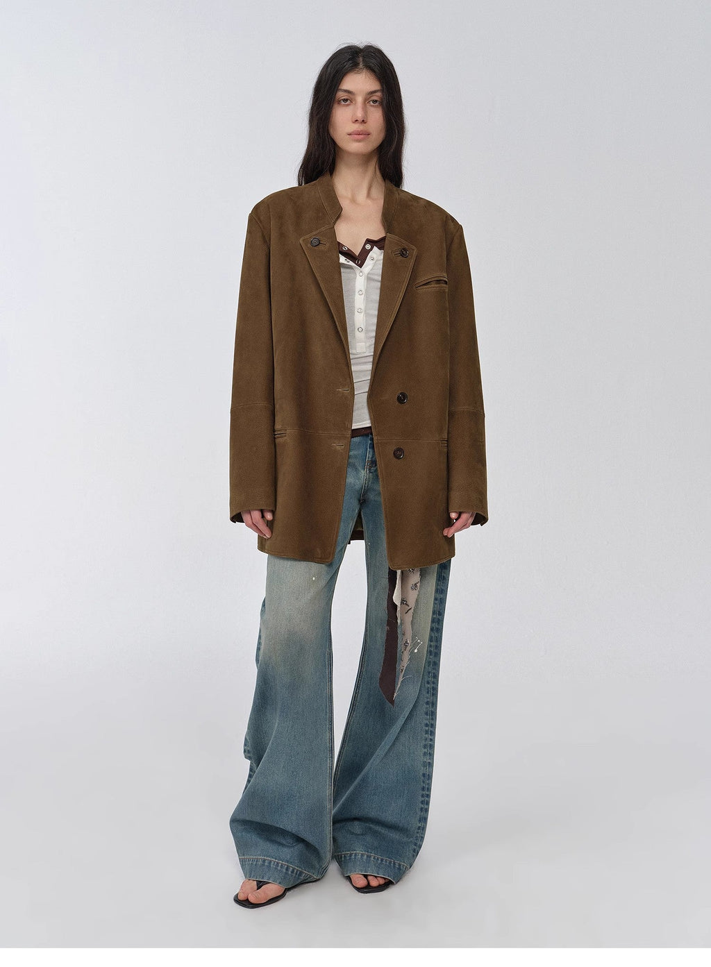 Bavaria vintage suede/waxy goatskin leather mid-length suit jacket