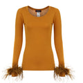 Camel Knit Top With Detachable Feather Cuffs