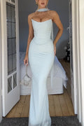 Ruched Strapless Corset and Bodycon Maxi Skirt Set with Scarf