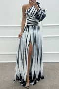 One Shoulder Waisted Slit Printed Maxi Dress