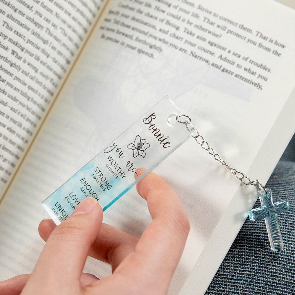 Personalizado Gradiente Azul Nacimiento Flor Biblia Versículo Nombre Marcapáginas Llavero con Cruz Encanto Cumpleaños Bautizo Regalo para Familia Cristiano
