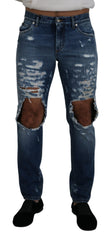 Blue Cotton Tattered Men Denim Jeans Elastane Clothing