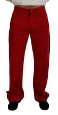Red Cotton Straight Fit Men Denim Jeans Elastane Clothing