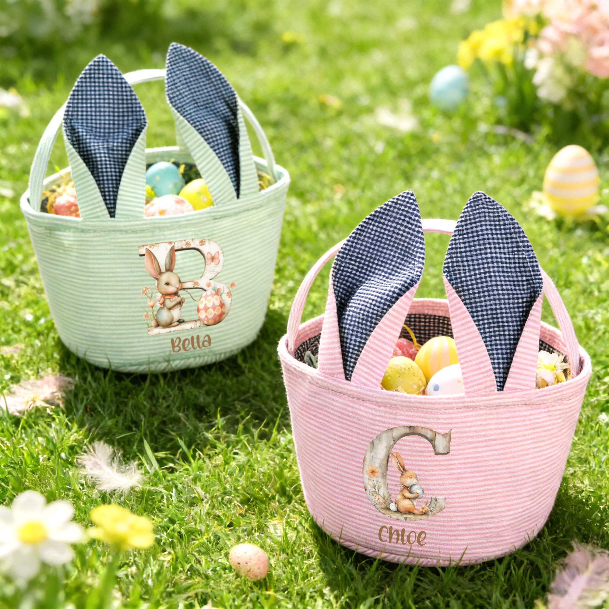 Personalizado lindo conejo de gran capacidad a rayas cesta de Pascua con orejas de conejo inicial y el nombre de los huevos de caza Fiesta de Pascua de regalo para los niños las niñas