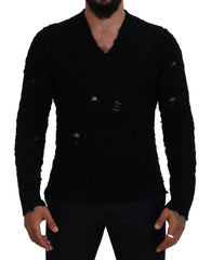 Men's Wool V-Neck Knit Sweater Black Nylon