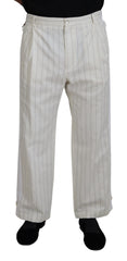 Men's White Cotton Striped Formal Pants