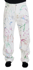 Men's White Cotton Splash Print Denim Pants