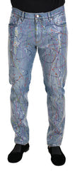 Men's Blue Cotton Splash Print Denim Jeans Clothing