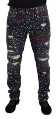 Men's Black Multicolor Print Tattered Denim Jeans Cotton Clothing