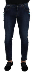 Men's Blue Cotton Studded Low Waist Denim Jeans Elastane Clothing