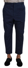 Blue Cotton Men Cropped Pants Wool Elastane