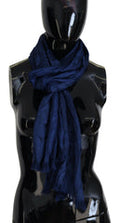 Women's Blue Silk Shawl Foulard Fringes Scarf