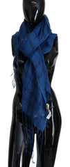 Women's Blue Linen Shawl Foulard Fringes Scarf