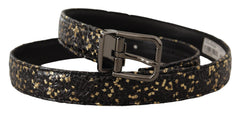 Men's Gold Black Two-Toned Leather Chrome Buckle Belt