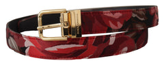 Men's Red Jacquard Rose Leather Gold Metal Buckle Belt