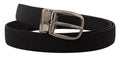 Men's Black Grosgrain Leather Silver Logo Buckle Belt