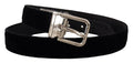 Men's Black Velvet Silver Tone Metal Logo Buckle Belt Grosgrain