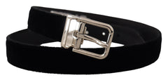 Men's Black Velvet Silver Tone Metal Logo Buckle Belt Grosgrain