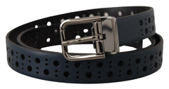 Men's Navy Blue Perforated Leather Skinny Metal Buckle Belt