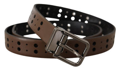 Men's Dark Brown Perforated Leather Metal Belt