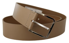 Men's Beige Calf Leather Wide Silver Metal Belt