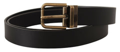 Men's Black Leather Brass Metal Box Buckle Belt