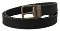 Men's Black Leather Brass Metal Grain Buckle Classic Belt