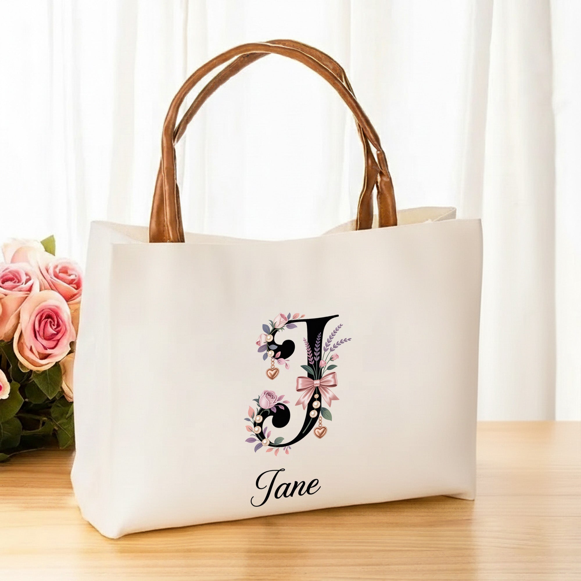 Personalizada Floral Lazo Inicial Gran Capacidad Bolsa de Lona Tote con Nombre y Asa de Piel de PU Regalo de Cumpleaños de Dama de Honor para Mujer