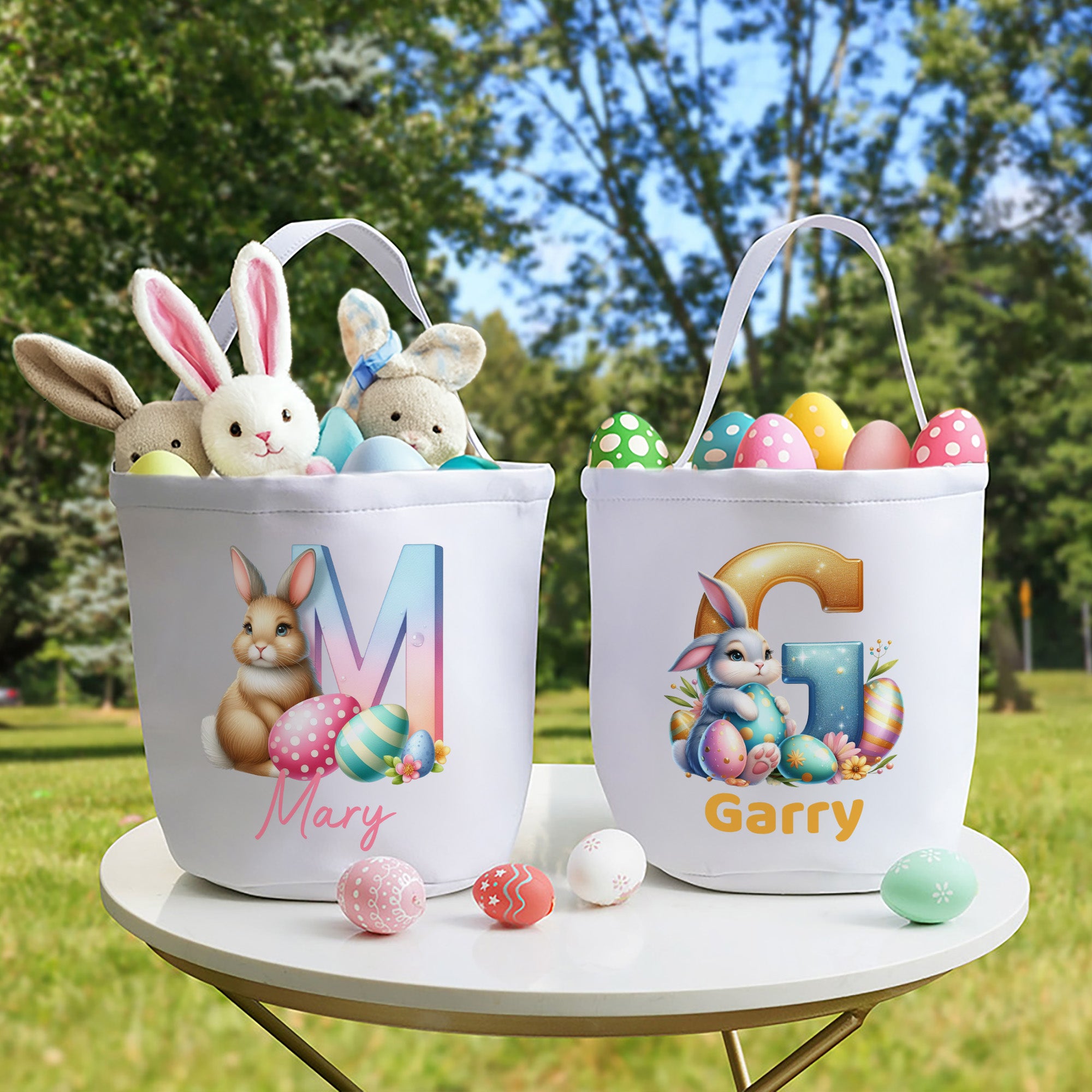 Conejito de Pascua personalizado Cesta de lona con iniciales y nombre Cacería de huevos de Pascua Fiesta de Pascua Regalo para niños