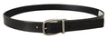 Men's Black Leather Silver Chrome Metal Logo Buckle Belt