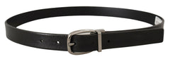 Men's Black Leather Silver Chrome Metal Logo Buckle Belt