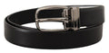 Men's Black Leather Silver Metal Chrome Logo Buckle Belt