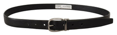 Men's Black Leather Chrome Logo Metal Buckle Belt
