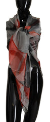 Women's Gray Red Shawl Foulard Wrap Scarf Patterned Silk