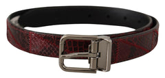 Women's Red Exotic Leather Metal Logo Buckle Belt Python Skin