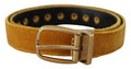 Women's Mustard Velvet Gold Logo Engraved Metal Buckle Belt