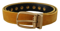 Women's Mustard Velvet Gold Logo Engraved Metal Buckle Belt