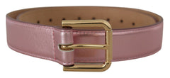 Women's Metallic Pink Polished Leather Logo Metal Buckle Belt