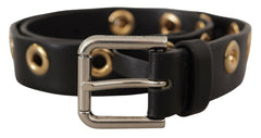 Women's Black Leather Eyelet Silver Tone Metal Buckle Belt