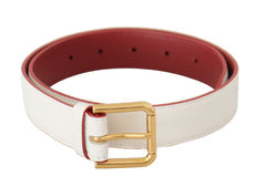 Women's White Calf Leather Two-Toned Gold Metal Buckle Belt