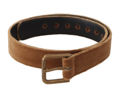 Women's Brown Velvet Bronze Vintage Logo Metal Buckle Belt Leather