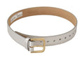 Women's Silver Leather Gold Tone Logo Metal Buckle Belt