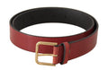 Women's Red Leather Gold Logo Engraved Metal Buckle Belt