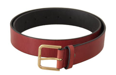 Women's Red Leather Gold Logo Engraved Metal Buckle Belt