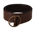 Women's Brown Leather Wide Waist Logo Metal Round Buckle Belt