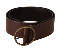 Women's Brown Leather Wide Waist Logo Metal Round Buckle Belt